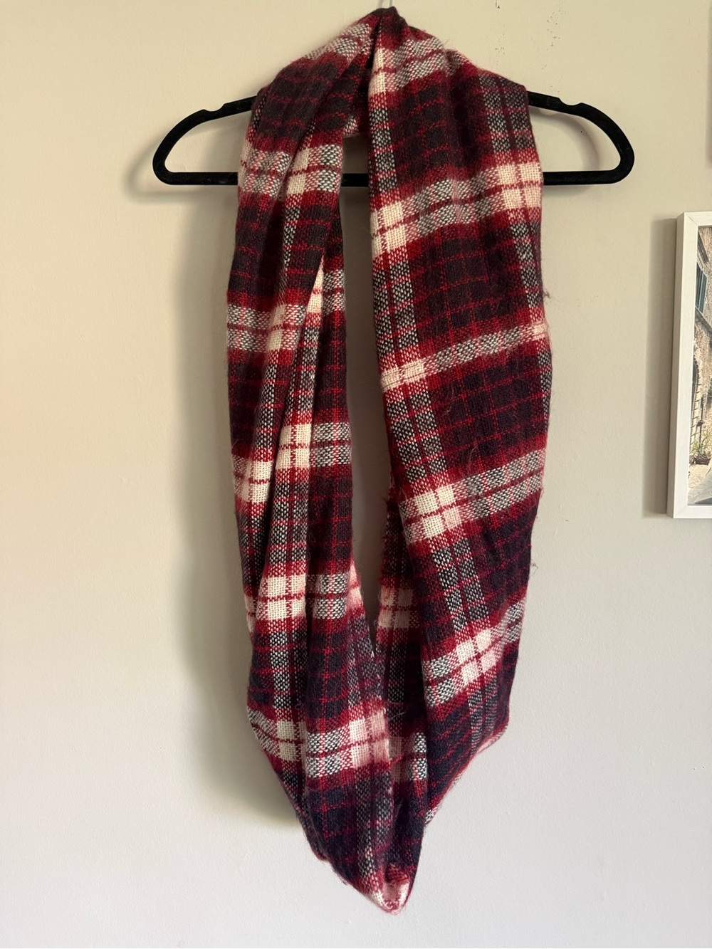 Cozy Plaid Infinity Scarf - Red & White